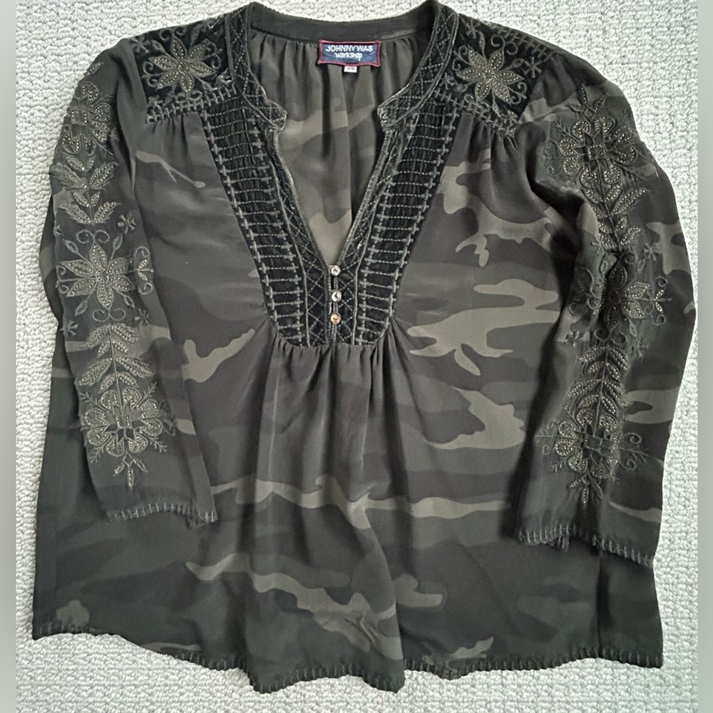 Johnny Was Silk Camo Blouse